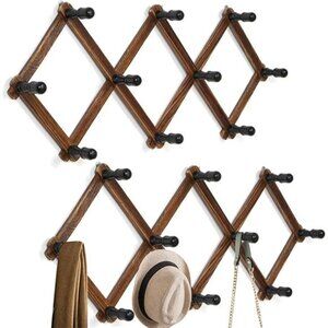 Expandable Brown Wood Wall Rack with Black Pegs - Versatile Coat & Hat Organizer
